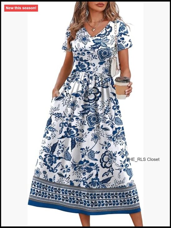 Dresses & Skirts - Flowy A-Line Midi Dress with Pockets, V-Neck, Short Sleeve